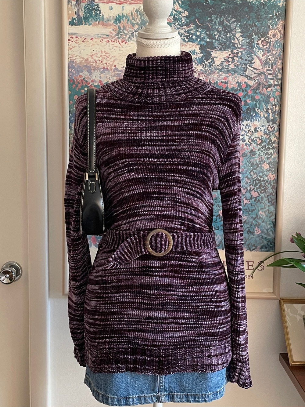 Vintage Y2K Turtleneck Sweater Small Purple Marled Chenille Belted Whimsigoth